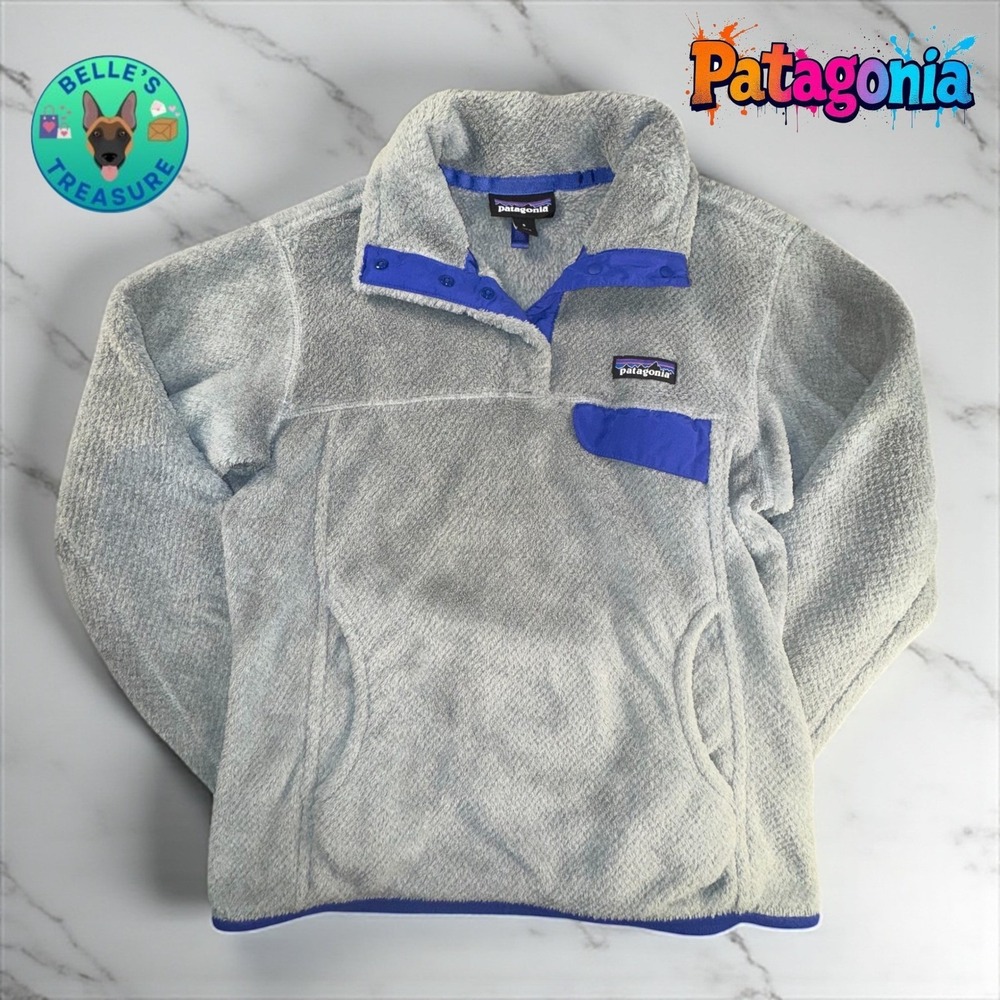 Patagonia Sweater Women Small Grey Purple T-Snap Pullover Fuzzy Warm Soft Jacket
